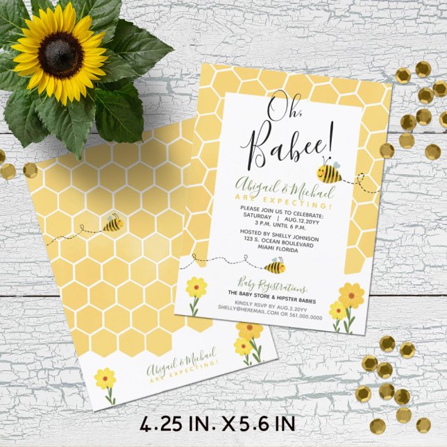 Convite para Bumble de Aquarela do Chá de fraldas  (Budget-Friendly Gender-Neutral Bumble Bee Baby Shower Invitation (4.25 x 5.6 in.) "Oh, Babee!")