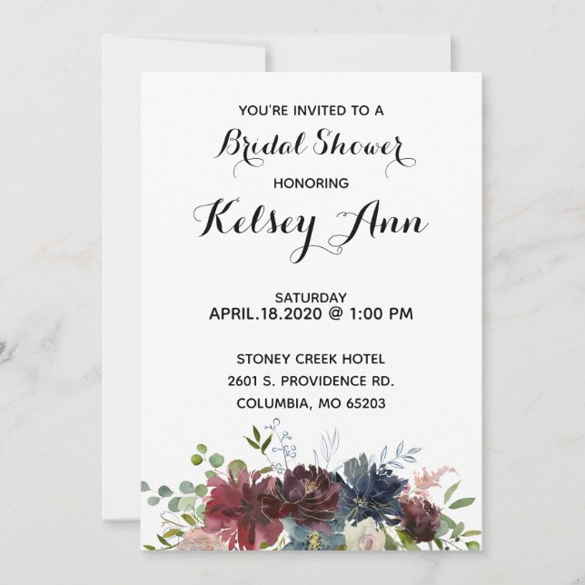 Convite para Buquê Azul e Vinho Borgonha (Frente)