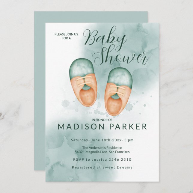 Convite para Calçados de Bebê Verde e Laranja (Frente/Verso)