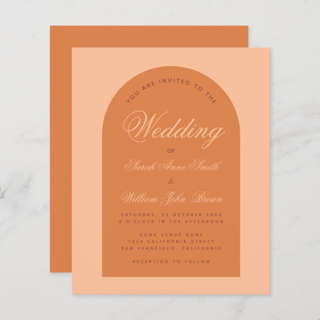 Convite para Caligrafia Laranja de Casamento de Or (Frente/Verso)