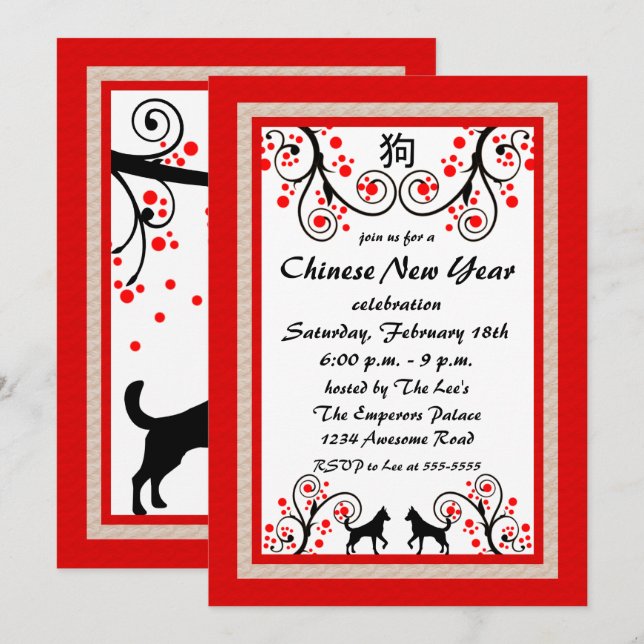 Convite para Cão e Árvore de Ano Novo Chinês (Frente/Verso)