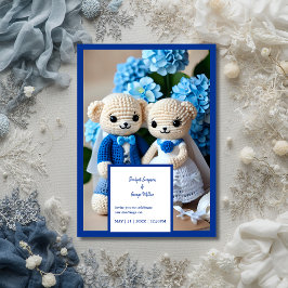 convite para casal de casamento de crochê azul