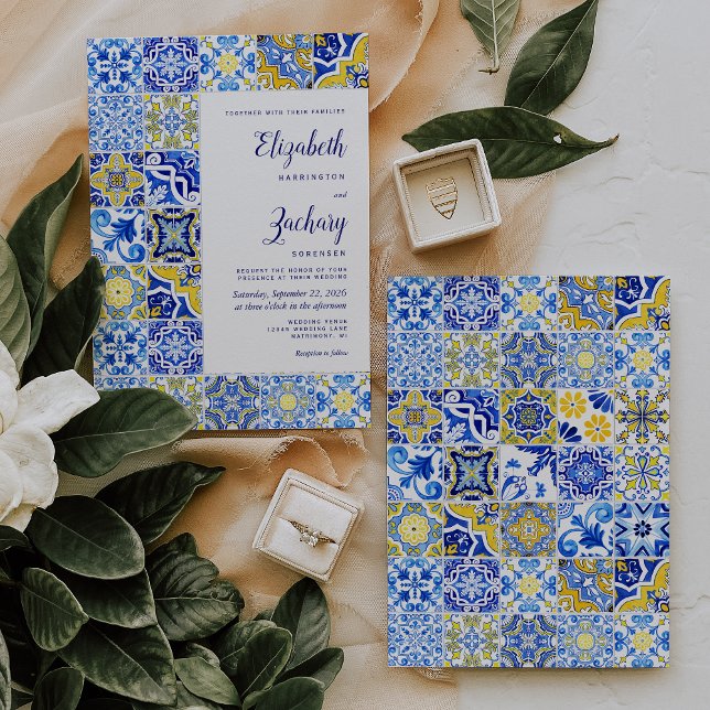 Convite para Casamento Amarelo Azul-Azulejo Russo (Criador carregado)