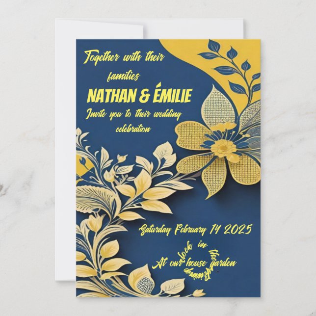 Convite para casamento amarelo e azul elegante (Frente)
