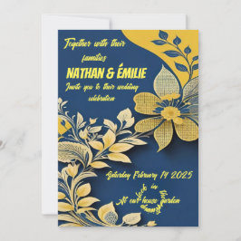 Convite para casamento amarelo e azul elegante
