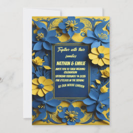 Convite para casamento amarelo e azul elegante
