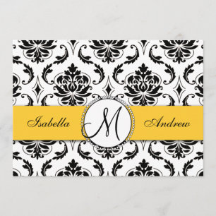 Convite para Casamento Amarelo Preto Damask