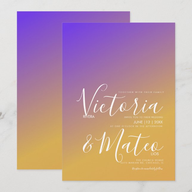 Convite para Casamento Amarelo Roxo de Ombre (Frente/Verso)