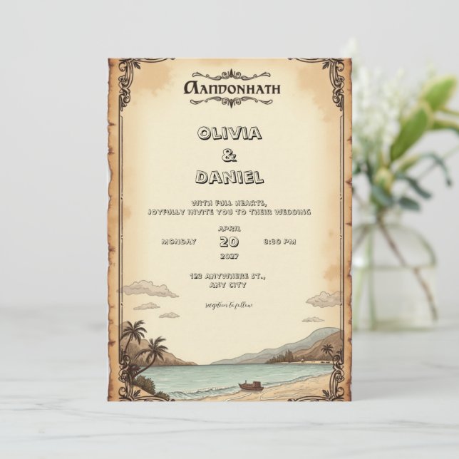 Convite para casamento antiquado e vestido (Em pé/Frente)