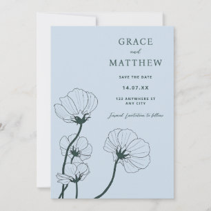 Convite para Casamento Azul Botânico Moderno GRACE