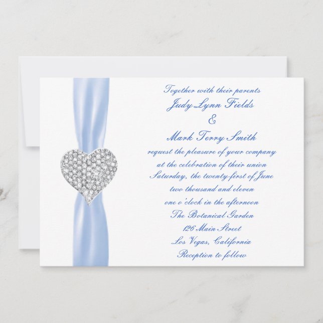 Convite para Casamento Azul com Coração Diamante (Frente)