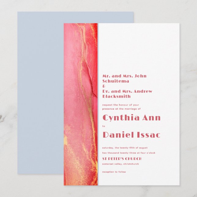 Convite para Casamento Azul Cor-de-Rosa Summery (Frente/Verso)