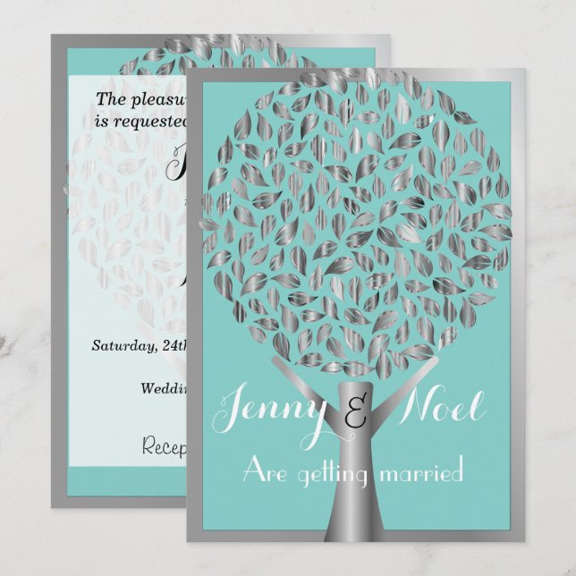 Convite para Casamento Azul de Árvore e Fronteira  (Frente/Verso)