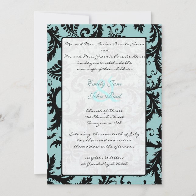 Convite para Casamento Azul de Azul-Damasco Negro (Frente)