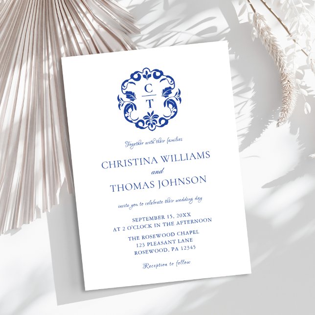 Convite para Casamento Azul de Crest Elegante (Criador carregado)