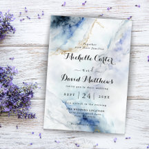 Convite para Casamento Azul de Mármore Moderno de 