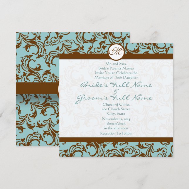 Convite para Casamento Azul de Silver Brown Damask (Frente/Verso)