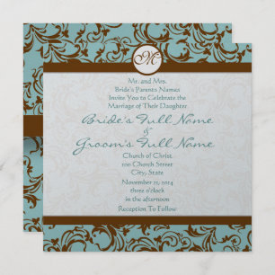 Convite para Casamento Azul de Silver Brown Damask