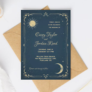 Convite para Casamento Azul de Sun & Moon Vintage