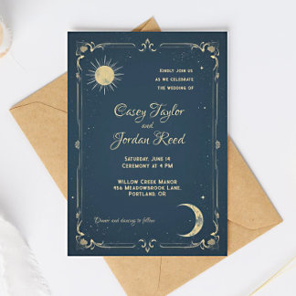 Convite para Casamento Azul de Sun & Moon Vintage