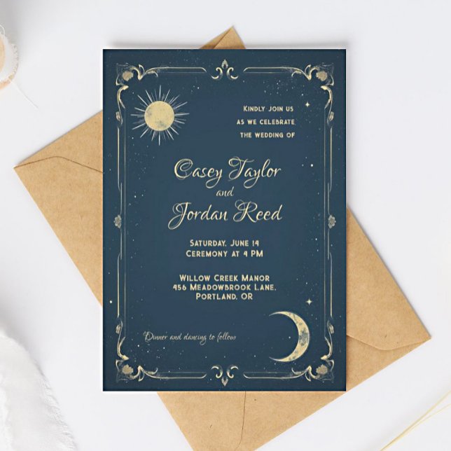 Convite para Casamento Azul de Sun & Moon Vintage (Criador carregado)