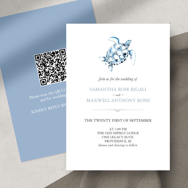 Convite para Casamento Azul de Tartaruga Marítima  (beach wedding invitation virtual QR code watercolor sea turtle )