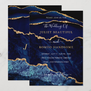 Convite para Casamento Azul Dourado Marble Marinho