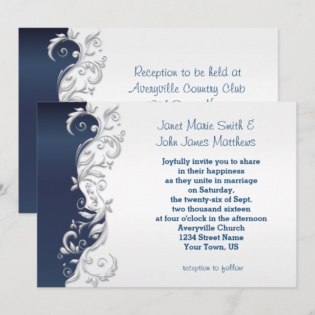 Convite para Casamento Azul e Branco Florid marinh (Frente/Verso)