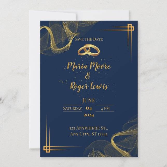 Convite para Casamento Azul e Dourado Moderno (Frente)