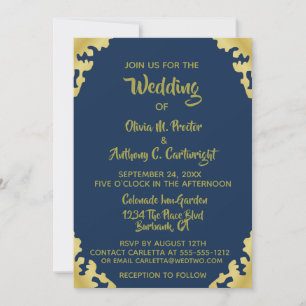 Convite para Casamento Azul e Dourado Moderno