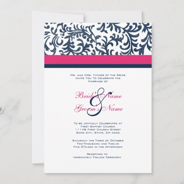 Convite para Casamento Azul e Rosa (Frente)