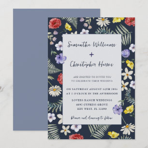 Convite para Casamento Azul Escuro de Flor Selvage