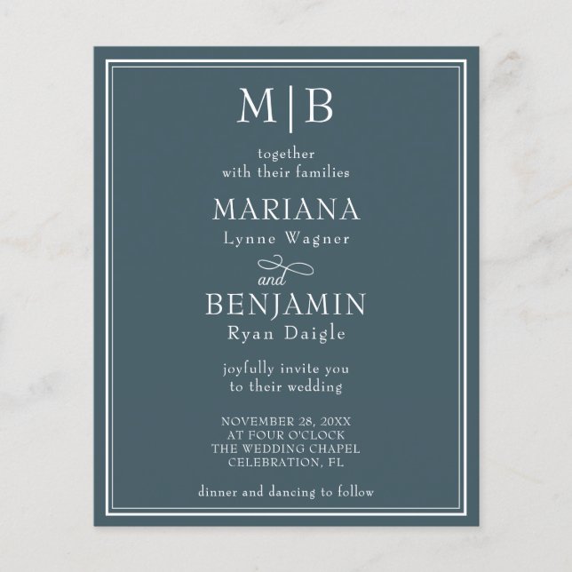 Convite para Casamento Azul Minimalista Moderno de (Frente)