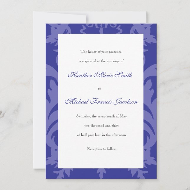 Convite para Casamento Azul Real Simples Damask (Frente)