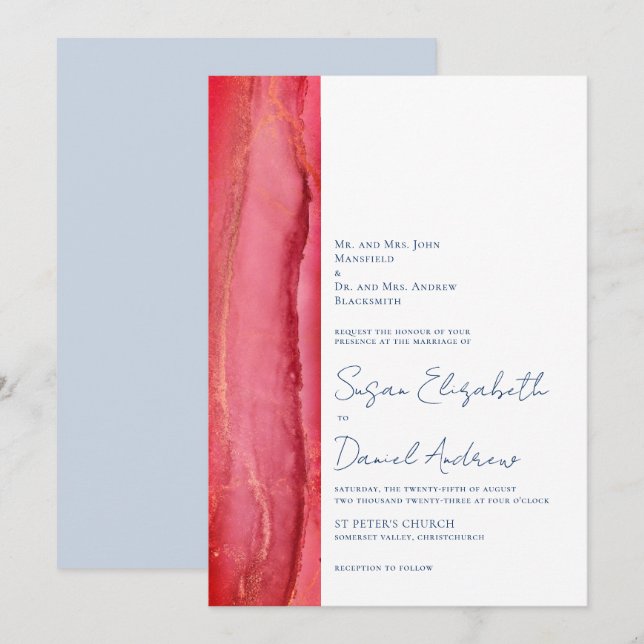 Convite para Casamento Azul Rosa-Rosa Vibrante (Frente/Verso)