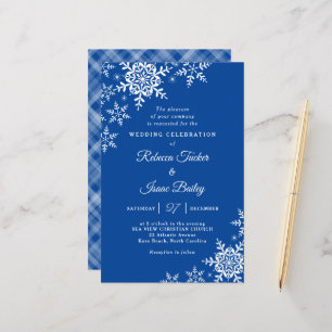 Convite para Casamento Azul Xadrez Flocos de Neve 