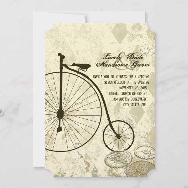 Convite para Casamento Bicicleta Vitoriano Steampu (Frente)