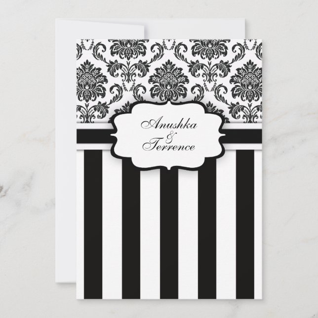 Convite para Casamento Black White Damask and Stri (Frente)