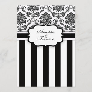 Convite para Casamento Black White Damask and Stri