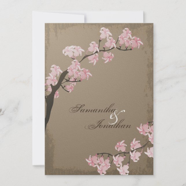 Convite Para Casamento - Blossom De Cereja Marrom  (Frente)