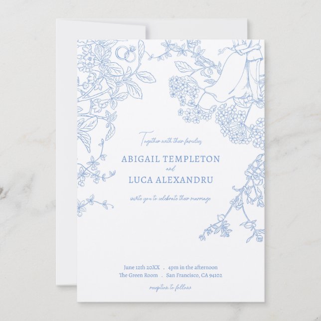 Convite para Casamento Blue Chinoiserie Toile de J (Frente)