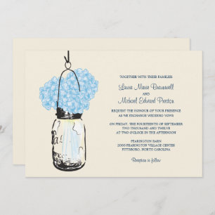 Convite para Casamento Blue Hydrangea Mason Jar