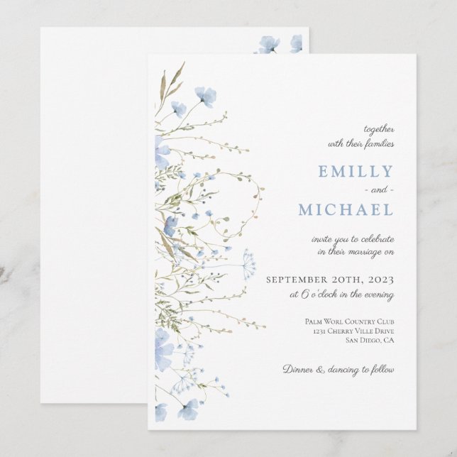 Convite para Casamento Blue Wildflower Periwinkle (Frente/Verso)