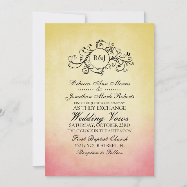 Convite para Casamento Boêmico Rosa e Amarelo (Frente)