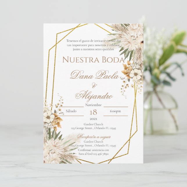 Convite para casamento Boho Floral em espanhol (Em pé/Frente)