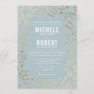 Convite Para Casamento Botânico Azul-Dusty Dourado
