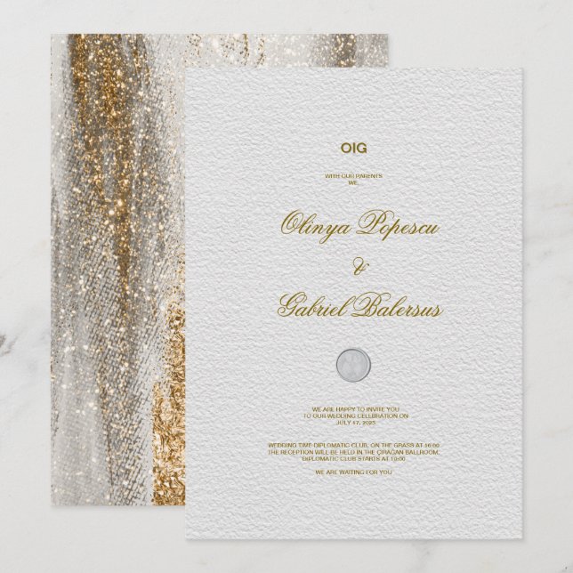 Convite para Casamento Branco com Traços Dourados  (Frente/Verso)