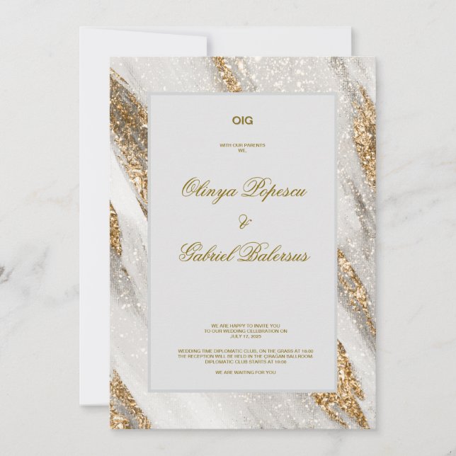 Convite para Casamento Branco com Traços Dourados  (Frente)