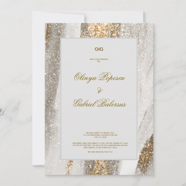 Convite para Casamento Branco com Traços Dourados  (Frente)