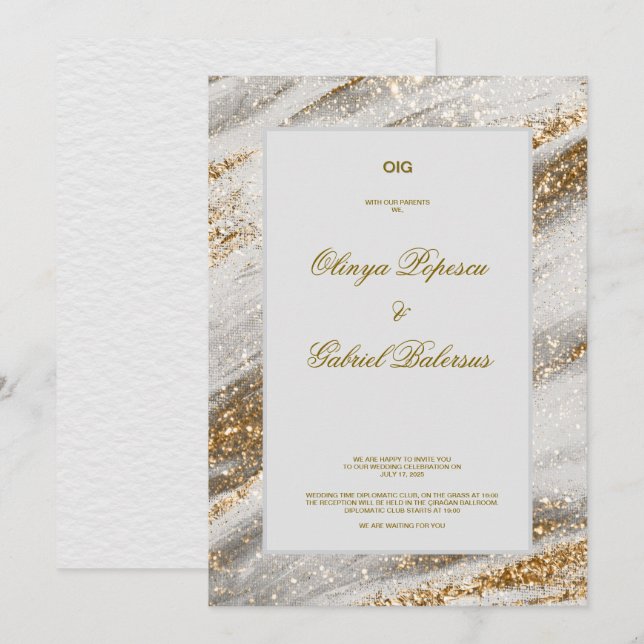 Convite para Casamento Branco com Traços Dourados  (Frente/Verso)